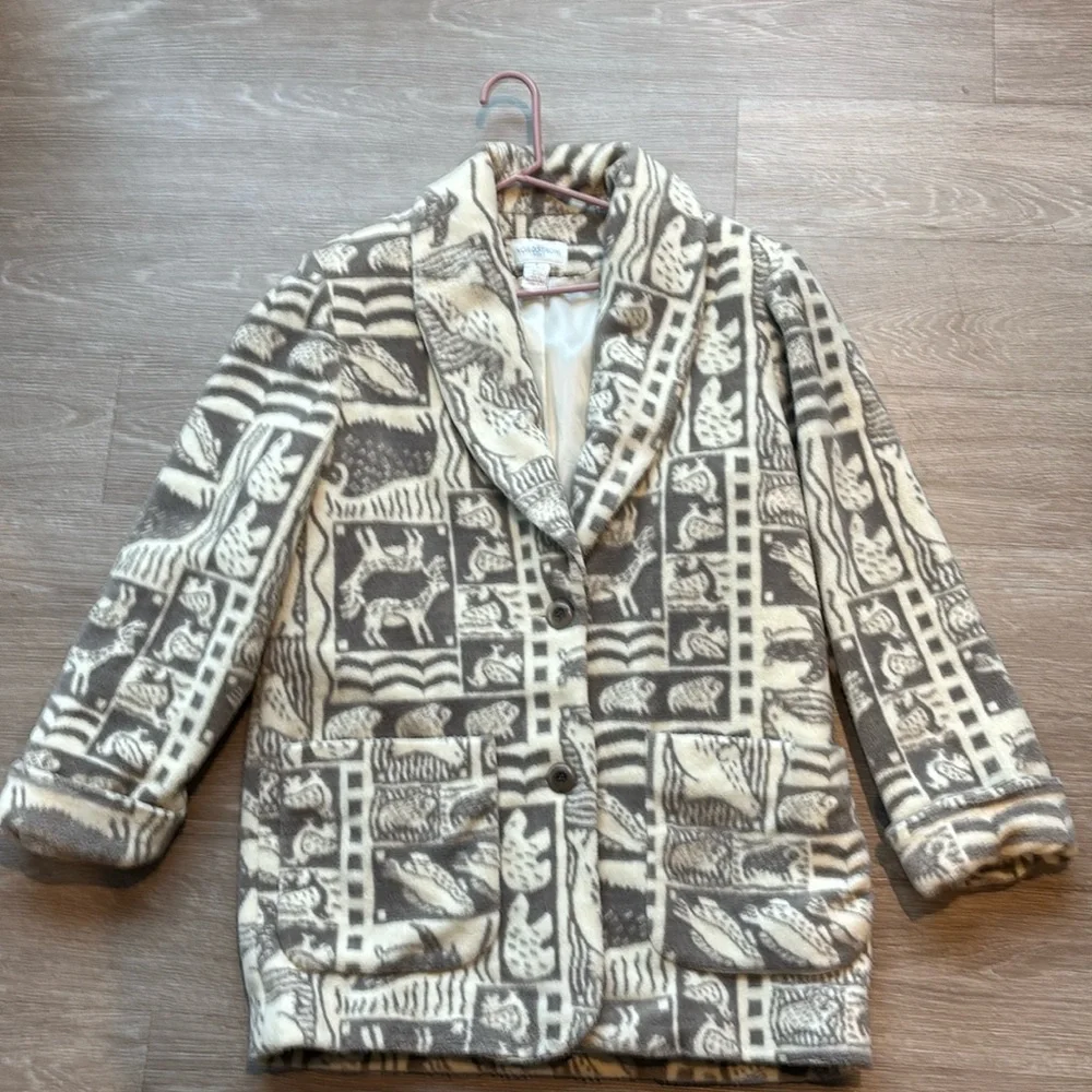 Vintage Nordstrom Fleece 2-Button Coat Artic Animals Cream Ivory Gray Size M - Picture 1 of 5